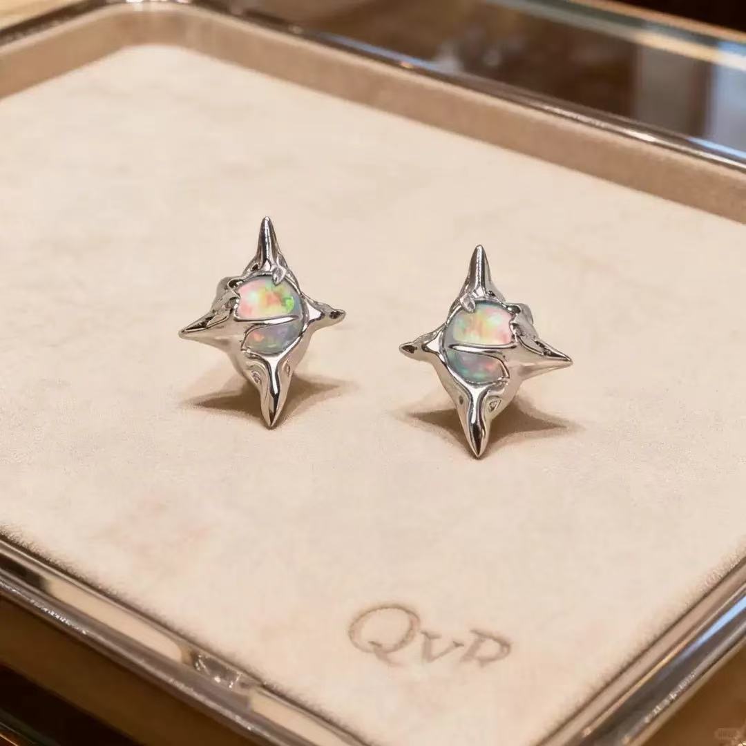 Second image of Silver Opal Star Stud Earrings