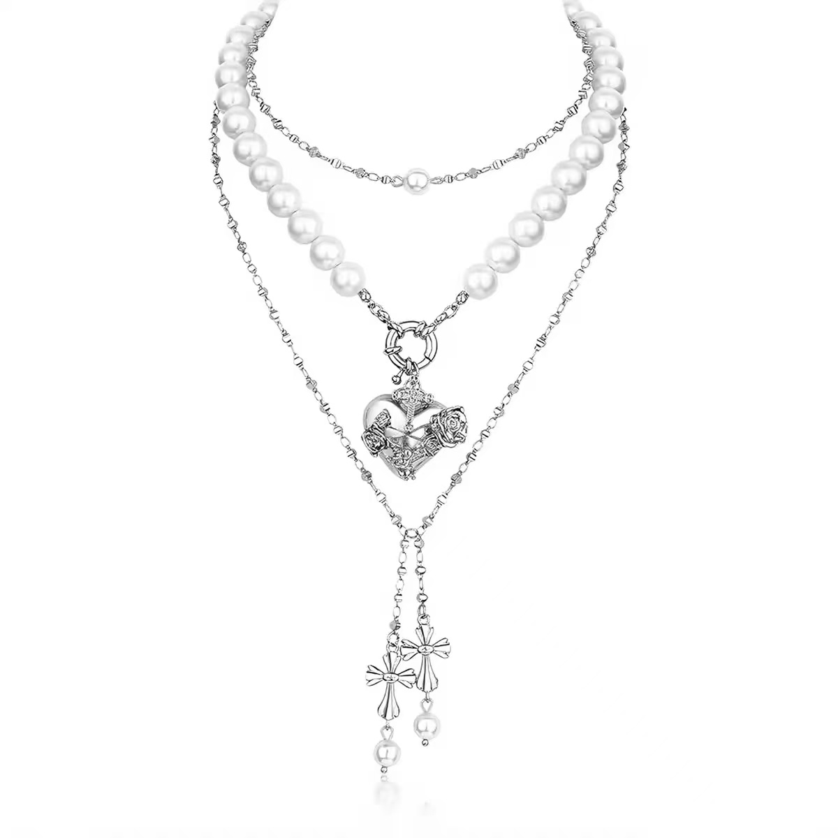 Pearl Rose Heart Layered Necklace