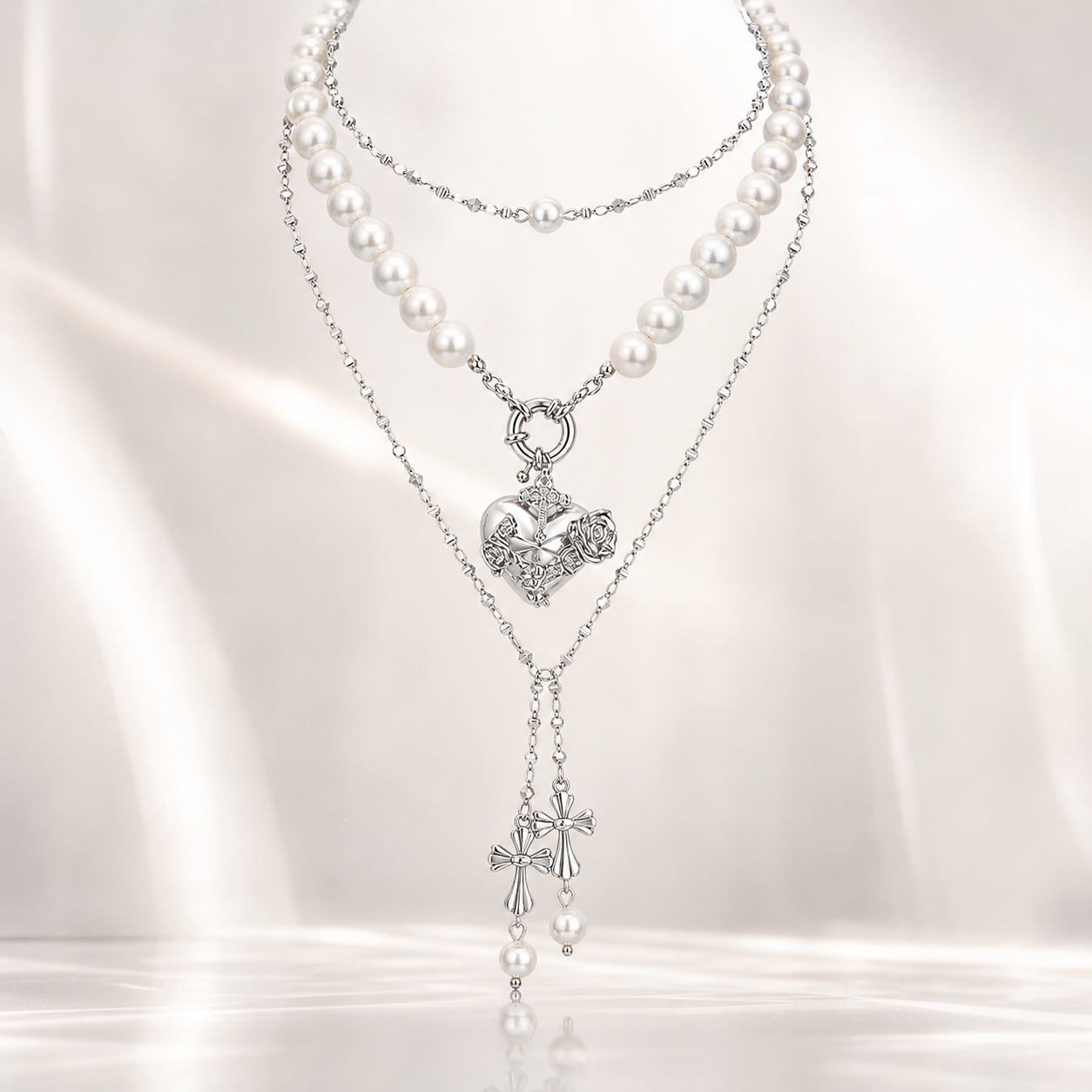 Second image of Pearl Rose Heart Layered Necklace